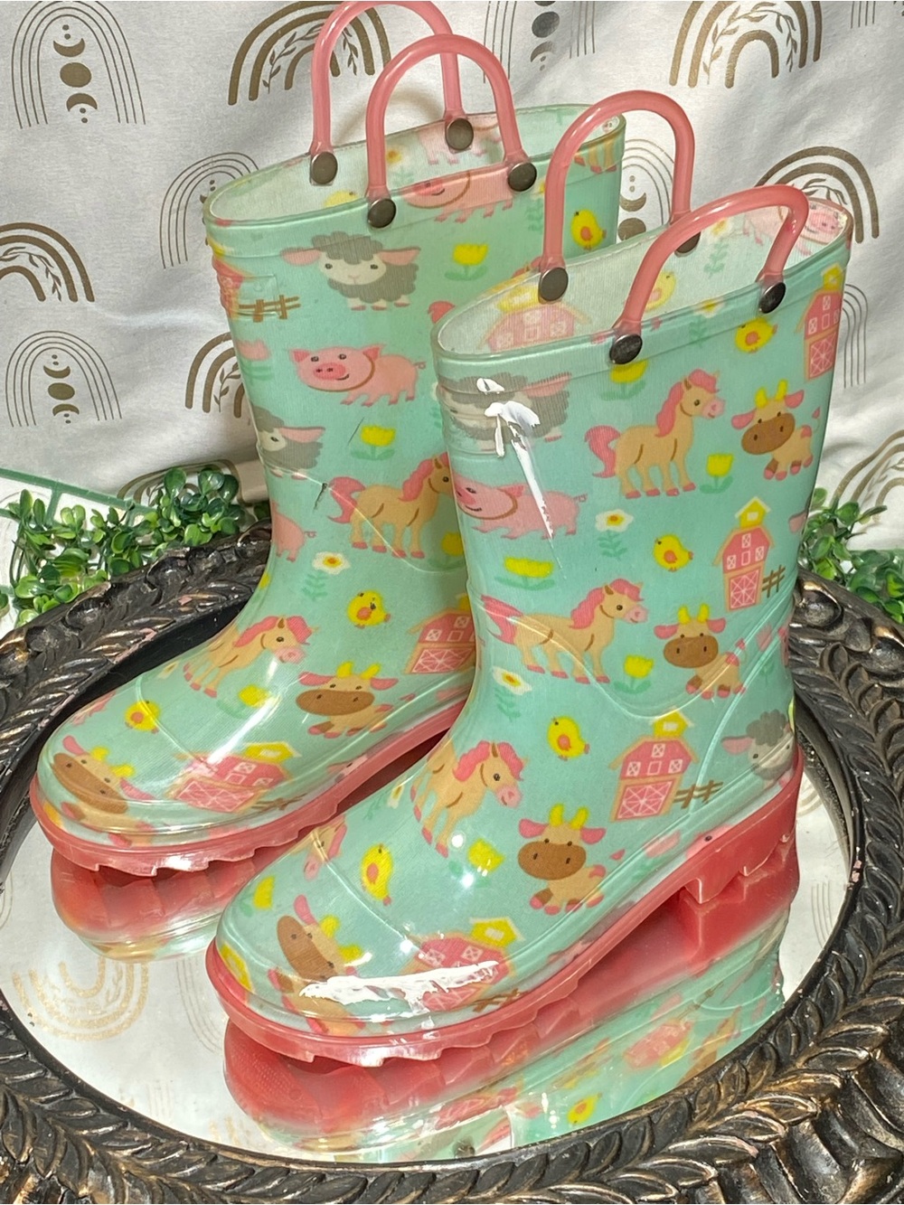 Western Chief Mint Green Farm Animal Rain Boots with Pink Soles